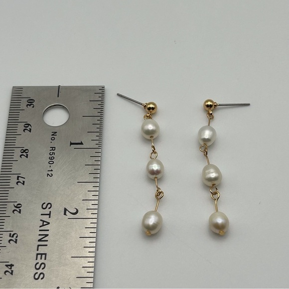 Classic Long Triple White Faux Pearl Stud Dangle Earrings Gold Tone - Picture 4 of 6